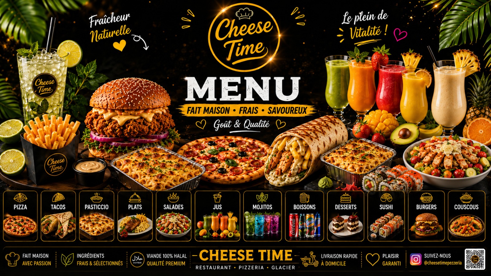 Assortiment Cheese Time : burger, pizza, tacos, boissons et desserts